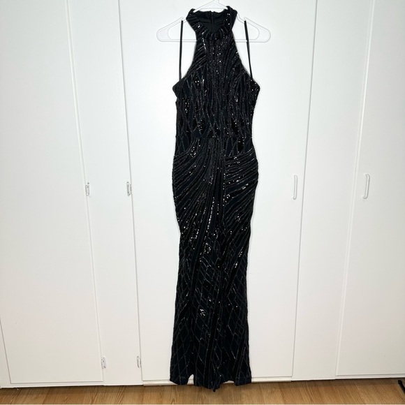 NWT AQUA Mock-Neck Sequined Gown Bloomingdales Exclusive Black Size 10 - Picture 5 of 15